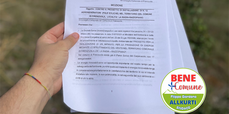 Una mozione per contrastare l’impianto eolico di Badia-Razzopiano